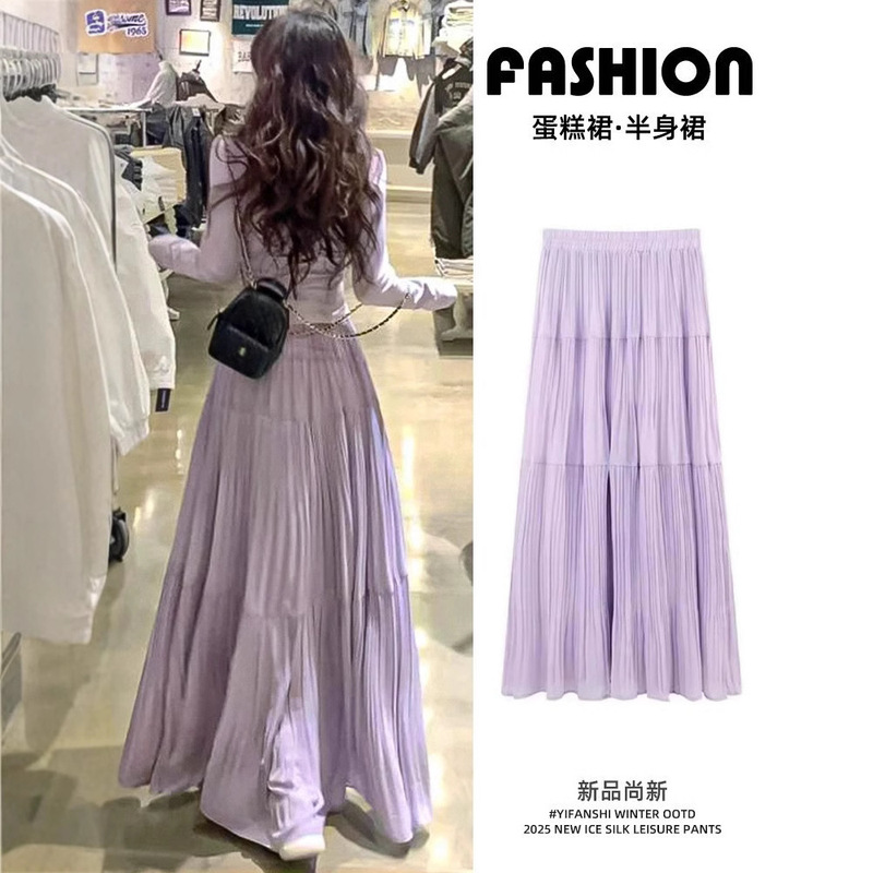 Korean Style Chiffon Skirt for Women 2026 Spring and Summer New High-Waisted A-Line Tiered Skirt with a Flowing, Large Hem Mid-Length Skirt