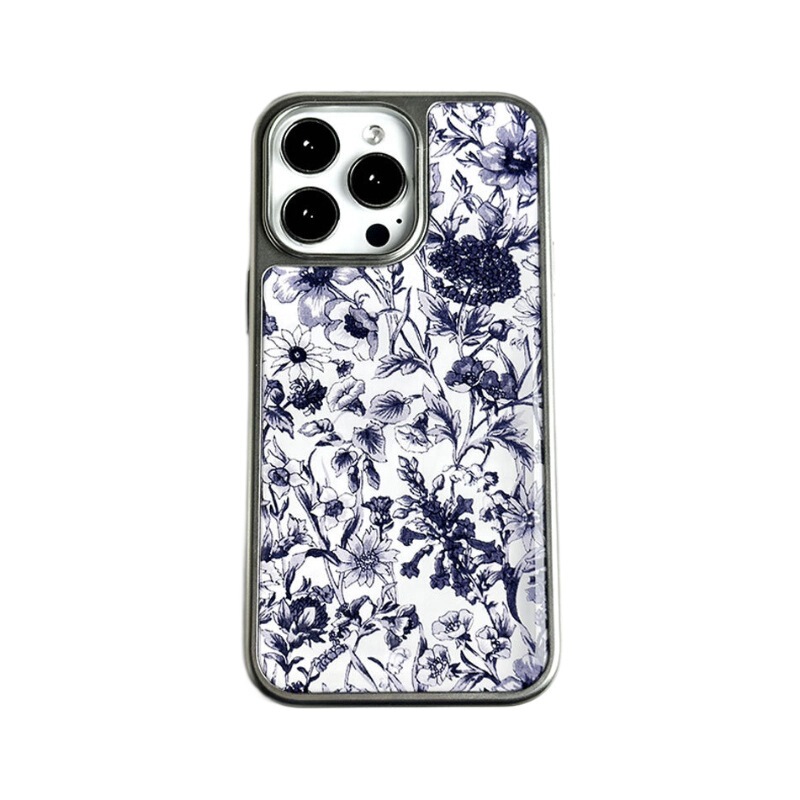 Apple 16PM 中国風青と白の磁器ブルーフラワー携帯電話ケース iphone15pro シルバーエッジ接着剤保護ケースに適しています。|undefined