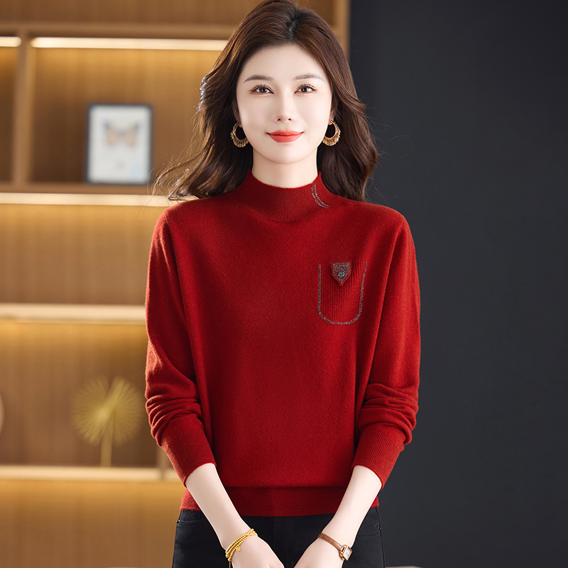 Half-Turtleneck Rhinestone Wool Sweater for Women, 100% Pure Wool, New Autumn and Winter High-End Elegant Sweater for Moms, Stylish Base Layer Sweater Half-Turtleneck Rhinestone Wool Sweater for Women, 100% Pure Wool, New Autumn and Winter High-End Elegant Sweater for Moms, Stylish Base Layer Sweater