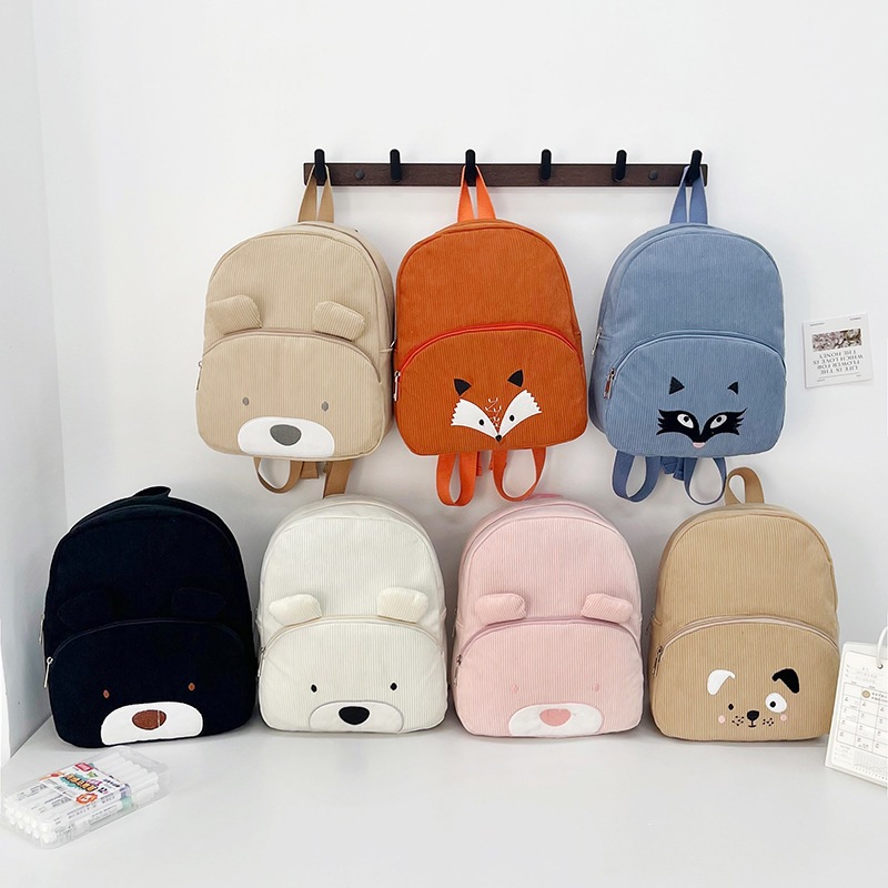 Customized Embroidered Cute Bear Corduroy Backpack for Students, Large Capacity Casual Cartoon Backpack