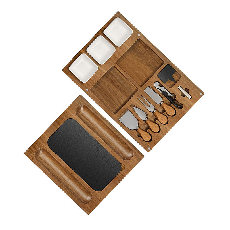 Paleta de madera transfronteriza Plato de comedor rectangular con conjunto de cuchillos Plato de madera de pizarra de cerámica de doble capa de almacenamiento conjunto de tablero de queso