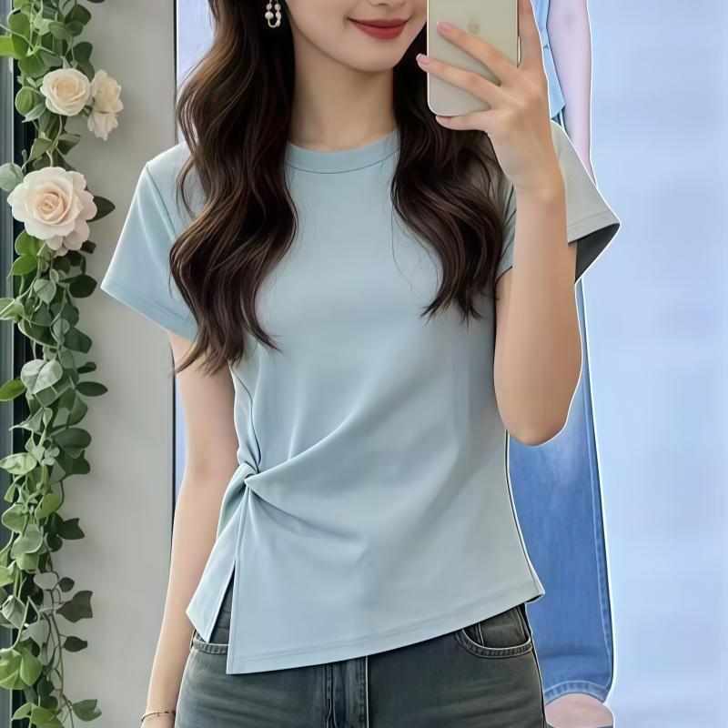 92% Cotton French-Style Youthful Round-Neck Short-Sleeve T-Shirt for Women, Summer Slim-Fit Design with a Ruched Elegant Look