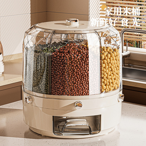 Food-grade anti-dust and moisture-sealed rotating storage bin for rice, grains, and mixed seeds, suitable for household use as a rice storage box or jar