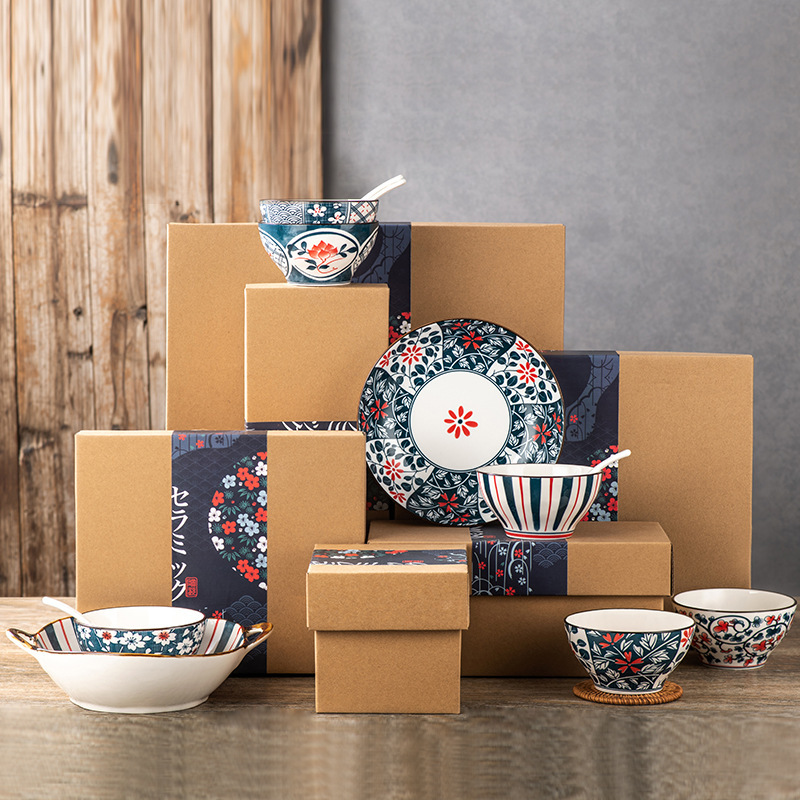 Japanese Style Cowhide Box Ceramic Dishes and Dishes Set Gift Bowl Gift Box Business Gift Opening Promotion Gift
