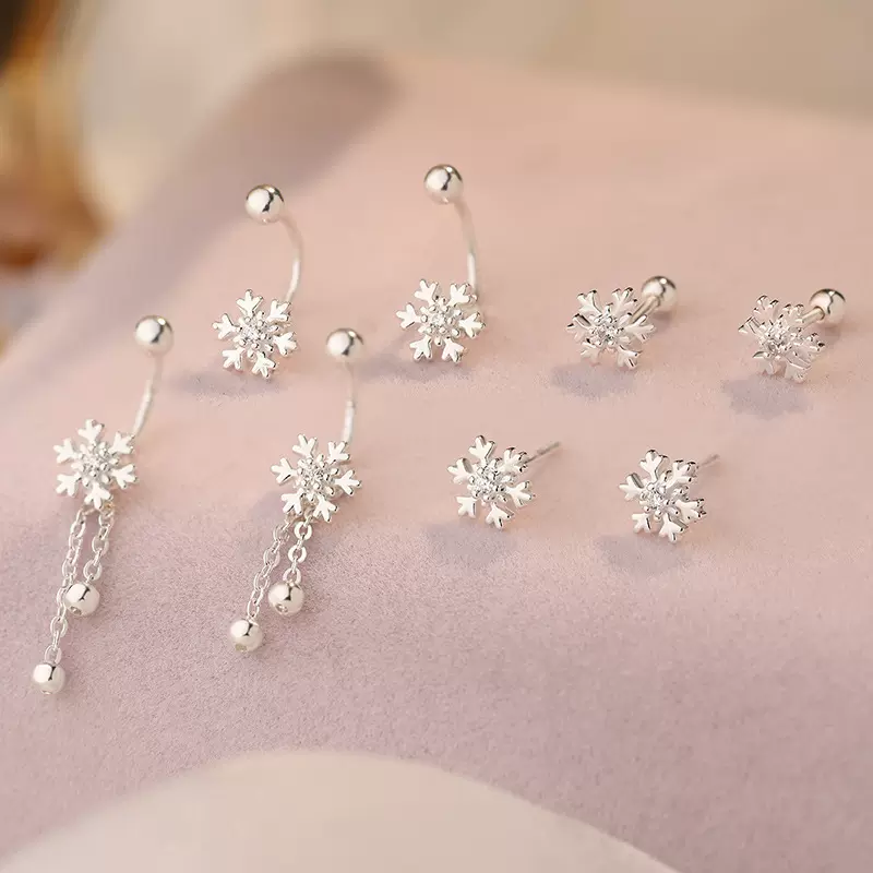 雍程S999足银雪花弯钩螺丝耳钉多款式甜美小清新百搭小众耳饰代发