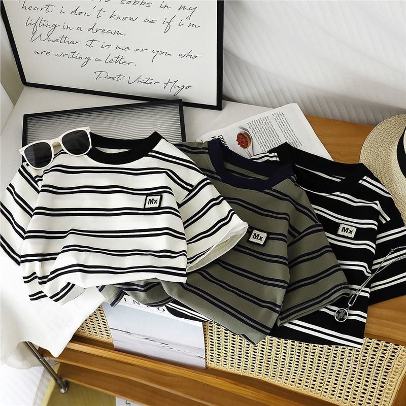 Summer Boys' Short-Sleeved T-Shirts, Boys' Stripesd Bottoming Shirts, Baby Boys' Half-Sleeved Korean Wide-Collar Casual Kidsren's T-Shirts