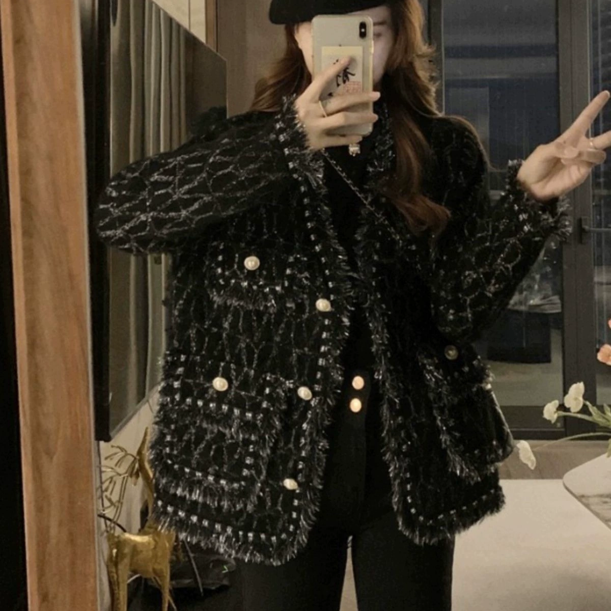 Демисезонная куртка, кардиган, шелковый свитер, стиль Chanel, V-образный вырез, плюс размер, свободный крой