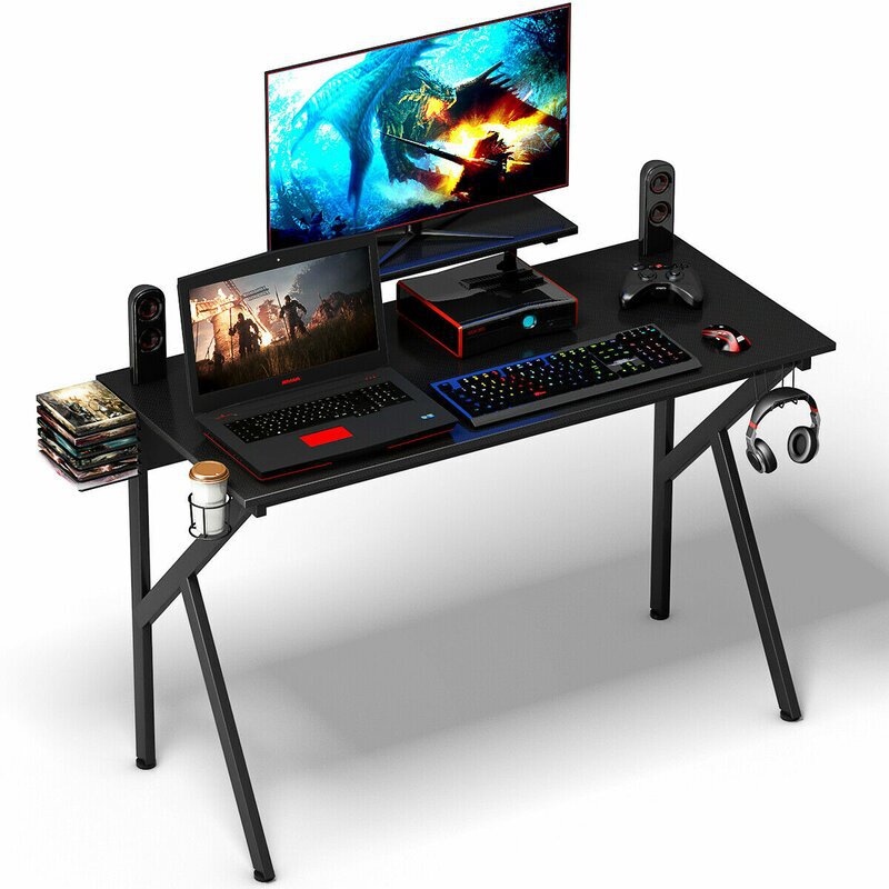 Gaming Desk with Cup Holder, Headphone Hook, Storage Basket, Monitor Stand, for Gaming Enthusiasts, E-Sports Table, Computer Desk