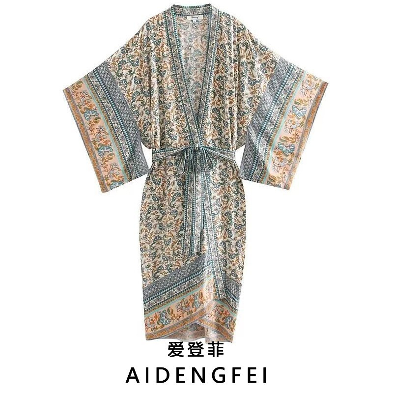European and American style summer new fashion women's long belt temperament V-neck wide sleeve rayon printed kimono trendy