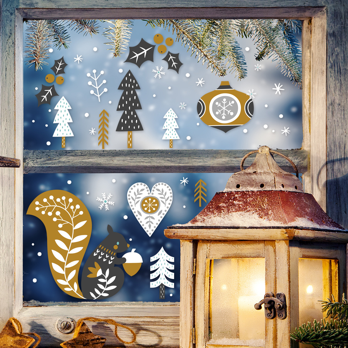 Christmas Squirrel Forest Snowflake Glass Sticker Wall Decal_voghion.com