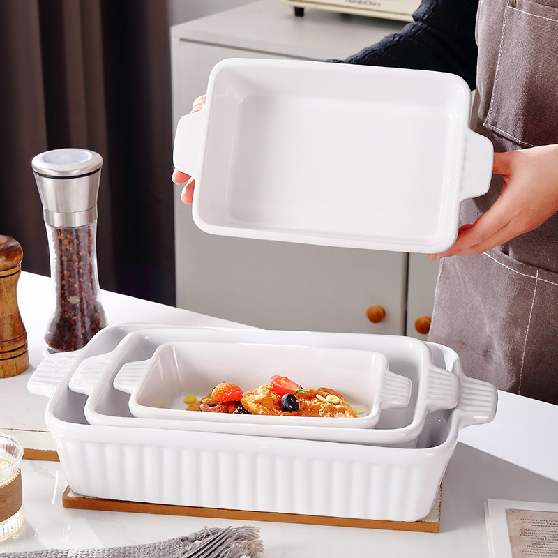 Cross-border in stock ceramic suit creative baking tray binaural square striped large capacity oven baked cheese baked rice tray
