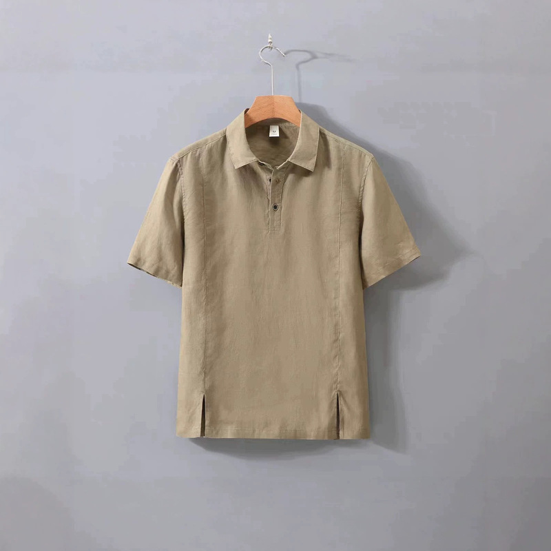 Linen Short-Sleeved Polo Shirt Men's Lapel Polo Shirt Loose Half-Sleeved Linen Shirt Lightweight Breathable Top