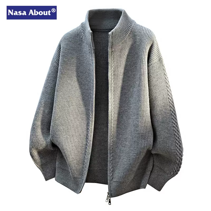 NASA潮牌高品质微阔立领针织开衫男士秋冬季新款慵懒风针织衫外套