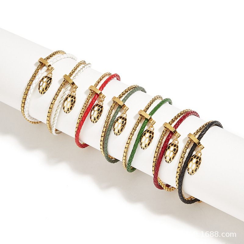 Snake Head Calfskin Braided Double-Layer Red Rope Bracelet Enamel Snake Head Men's and Women's Bracelet Stainless Steel Bracelet Does Not Fade