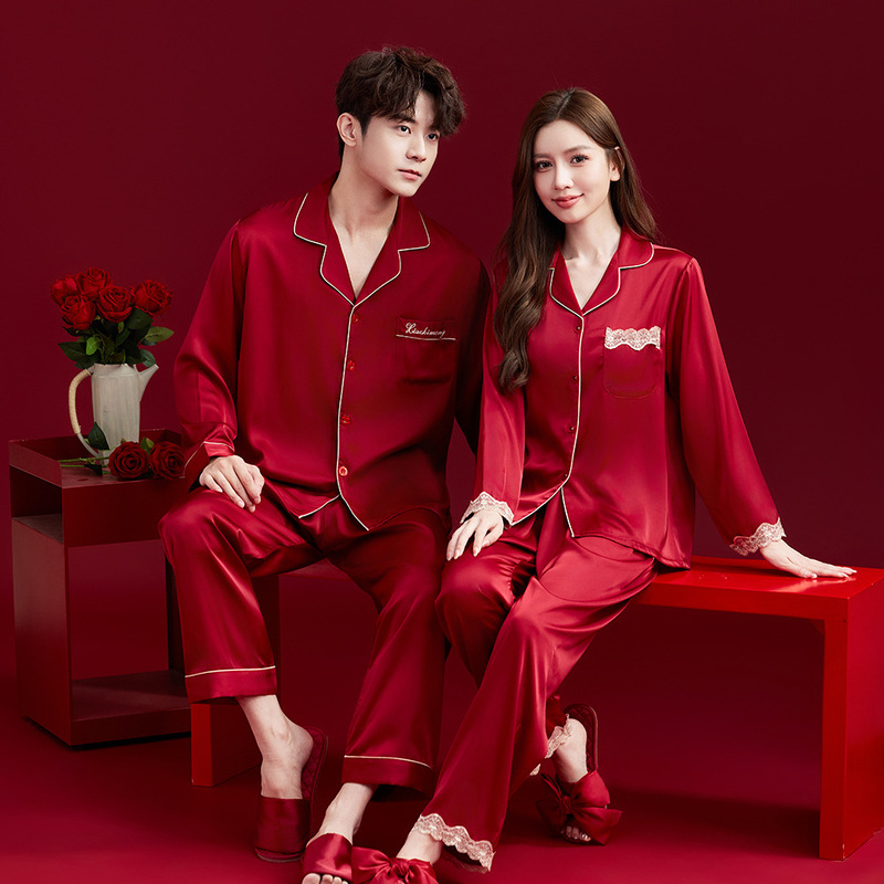 Wedding Red Pajamas Ice Silk Couple Set High-End Silk Lace Zodiac Year Bride and Groom Spring and Autumn Loungewear Wedding Red Pajamas Ice Silk Couple Set High-End Silk Lace Zodiac Year Bride and Groom Spring and Autumn Loungewear