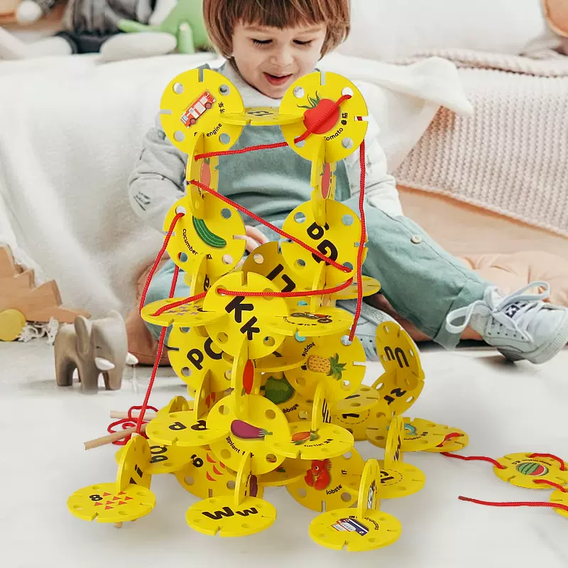 木质雪花片三合一穿线拼插积木认图识字益智早教启儿童玩具叠叠高