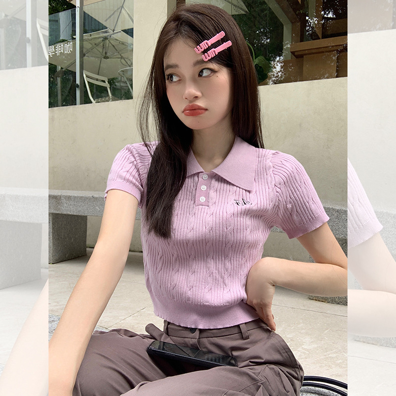 アイスシルクセーターイエローショルダー半袖Tシャツレディース夏新作スリムポロシャツショートトップ夏|undefined