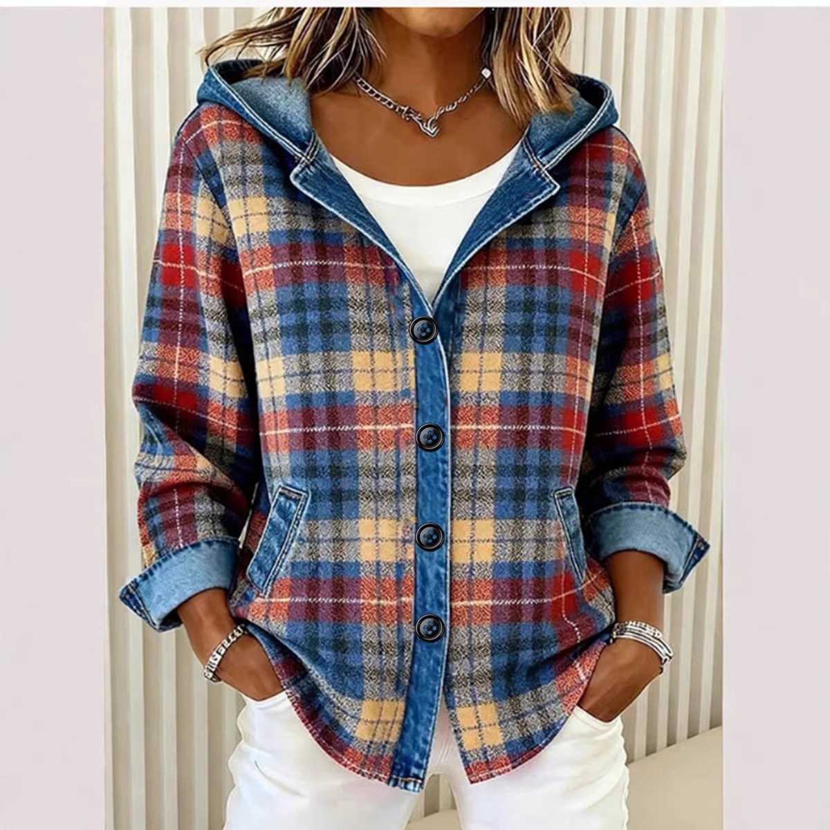 European And American Independent Station Women's Shirt Hoodie Autumn Winter New Fashion Plaid Color-Block Jacket_ecoleips.com