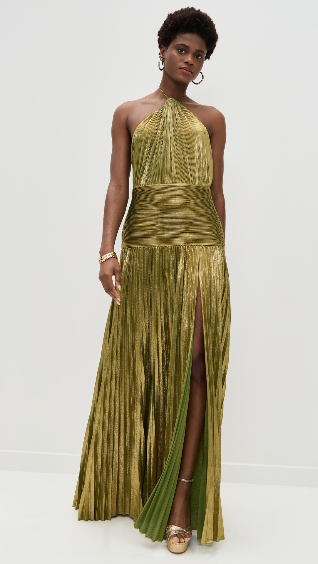 ​​"Women's Metallic Pleated Sleeveless Dress - Backless Tie Neck High Slit Party Dress, Golden/Pinkish/Ancient Gold/Dark Blue/Lake Blue, XS-XXL"​​_ecoleips.com