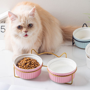 Cat Bowl Ceramic Double Bowl Water Bowl Protection Cervical Vertebra High Foot Cat Food Bowl Water Bowl Pet Bowl Oblique Mouth Food Basin Supplies