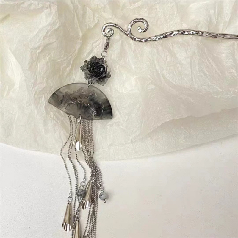 古风金色扇子发簪新中式高端头饰u型发钗秋冬氛围感优雅盘发簪子|undefined