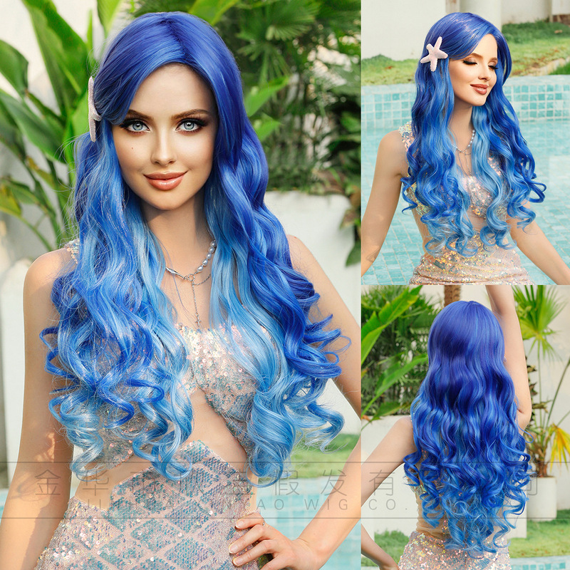European and American Foreign trade Wig Cos Mermaid dress-up long curly hair ice blue gradient Mermaid Cosplay Wig