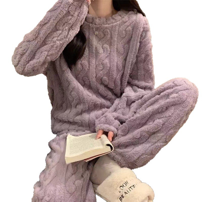 秋冬款珊瑚绒提花套装睡衣家居服女加绒加厚保暖套装长袖长裤套装|undefined