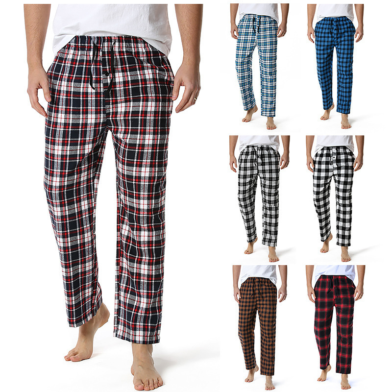 Men's Flannel Pajama Pants Casual Long Pants Cotton Plaid Straight Pants with Side Pockets Homewear_voghion.com
