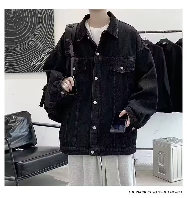 1 Men's Denim Jacket Autumn New Hong Kong Loose Japanese American Style Coat Top_viptrois.com