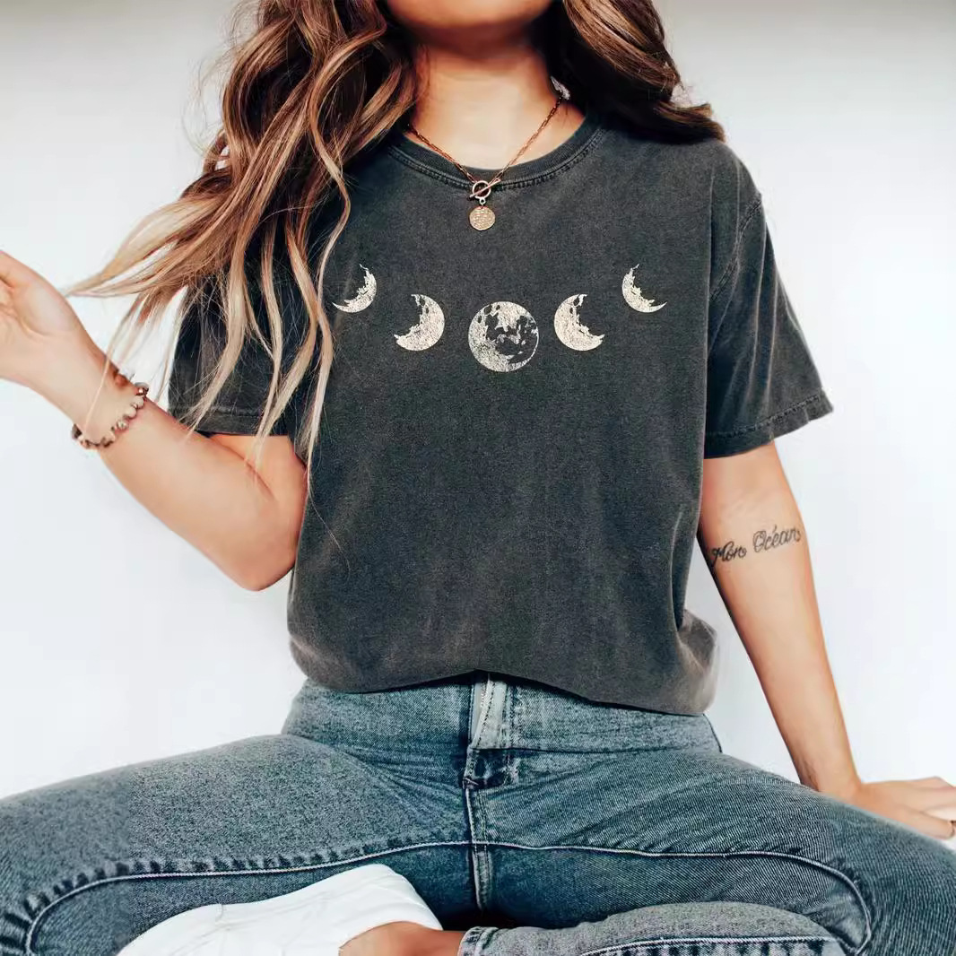 Transfronterizo nuevo eBay impresión digital unisex damas luna impresión digital casual cuello redondo jersey verano manga corta