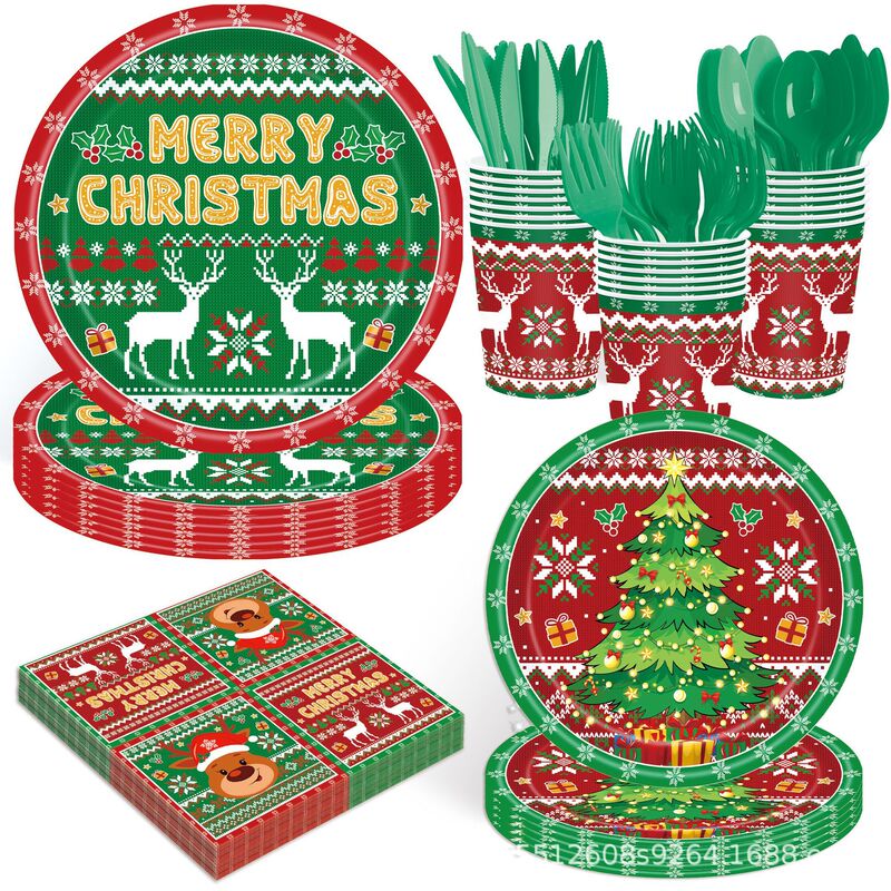 Christmas Themed Party Tableware, Venue Atmosphere Decoration Props, Disposable Paper Plates, Paper Cups, Paper Towels, Knives and Forks Christmas Themed Party Tableware, Venue Atmosphere Decoration Props, Disposable Paper Plates, Paper Cups, Paper Towels, Knives and Forks