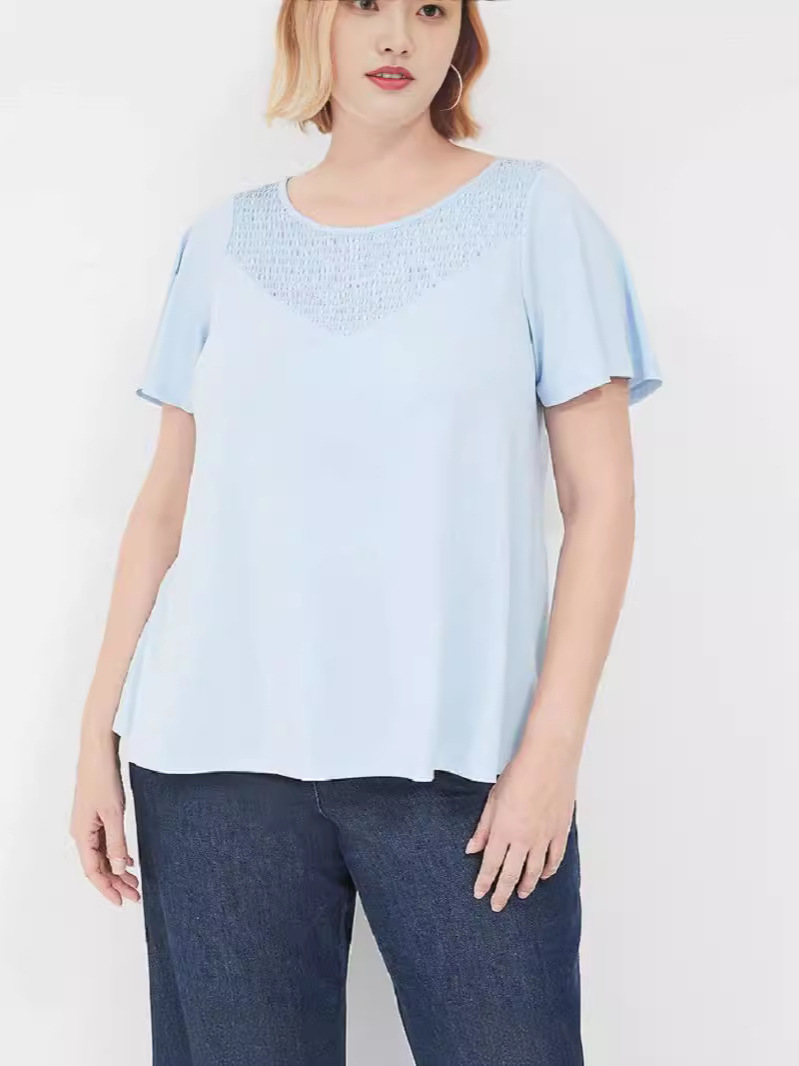 2024 Europa y los Estados Unidos verano nuevo tamaño transfronterizo ropa de mujer de pecho cuello redondo mangas cortas sueltas cómodas camisetas frescas image 4