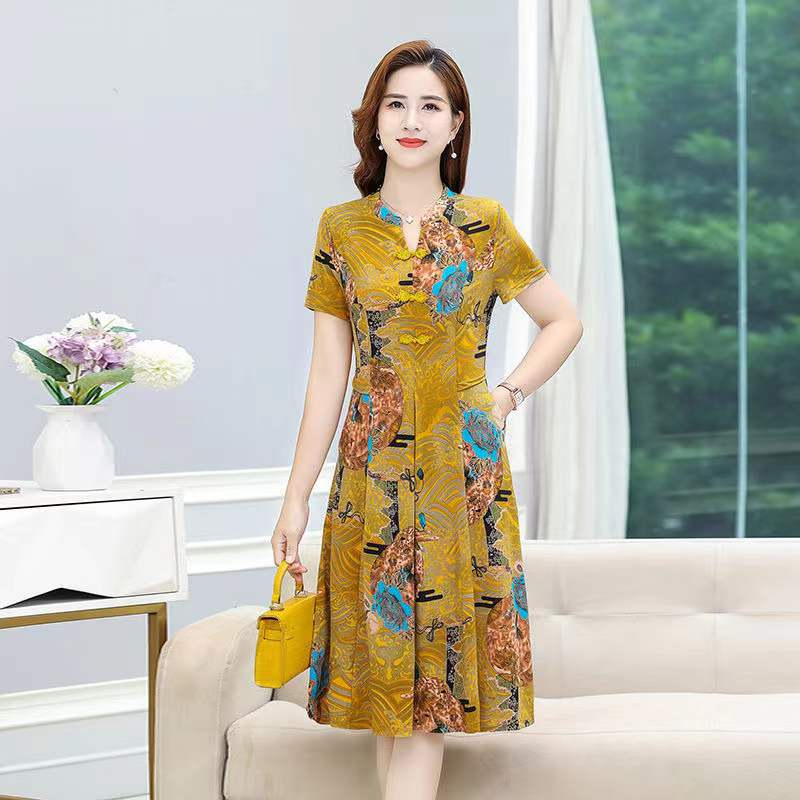 High-Quality Button Ice Silk Summer Middle-Aged And Elderly Mother's Wear New High-End Stylish Qipao Dress For Women_ecoleips.com