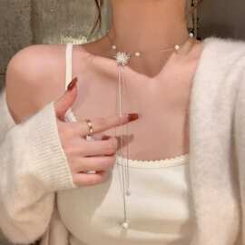 韩系银色珍珠烟花流苏可抽拉项链女高级感长款颈链小众设计毛衣链