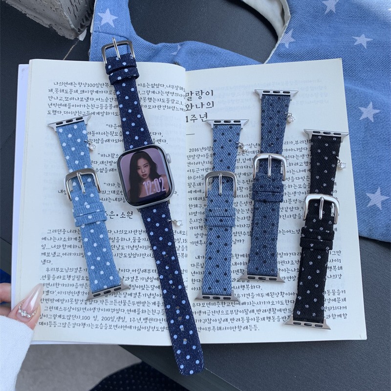 Korean-Style Polka Dot Denim Watch Strap Suitable for Apple Watch 11Th Generation Leather Iwatch9Seultra Korean-Style Polka Dot Denim Watch Strap Suitable for Apple Watch 11Th Generation Leather Iwatch9Seultra