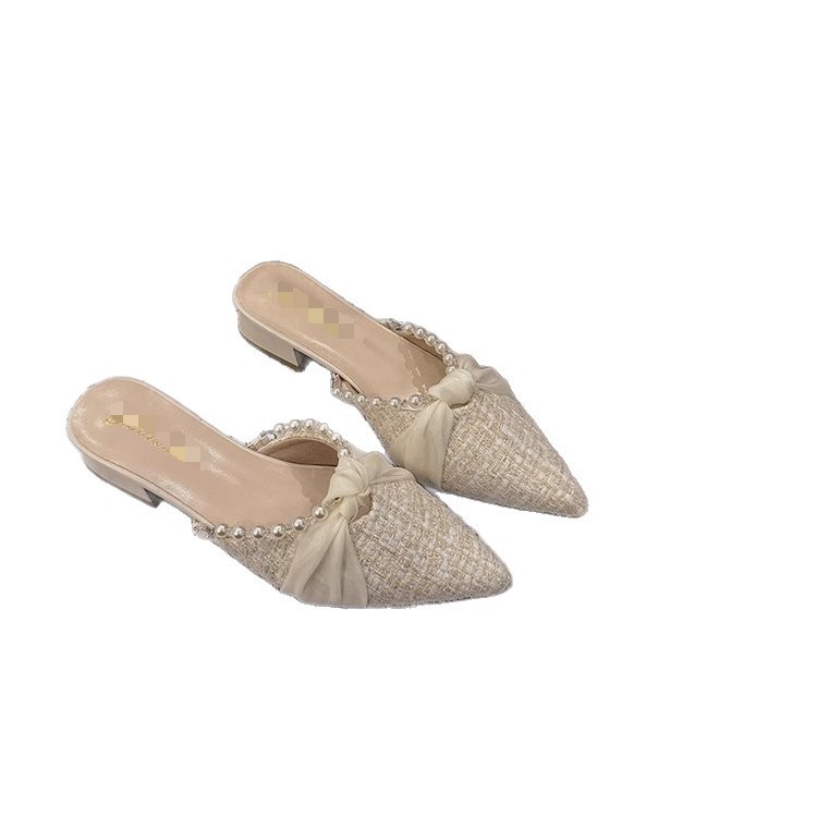 Explosión de estilo francés fragante con cabeza media zapatillas de punta de mujer 2026 nuevo verano perla zapatillas de soleas gruesas