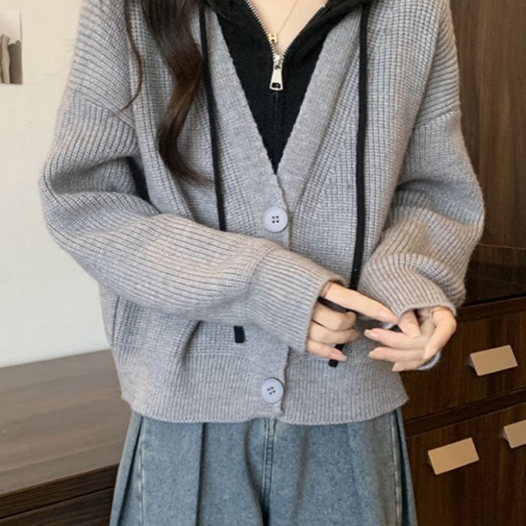 大码假两件短款连帽毛衣外套女秋冬胖mm显瘦遮肚子针织衫开衫上衣|undefined