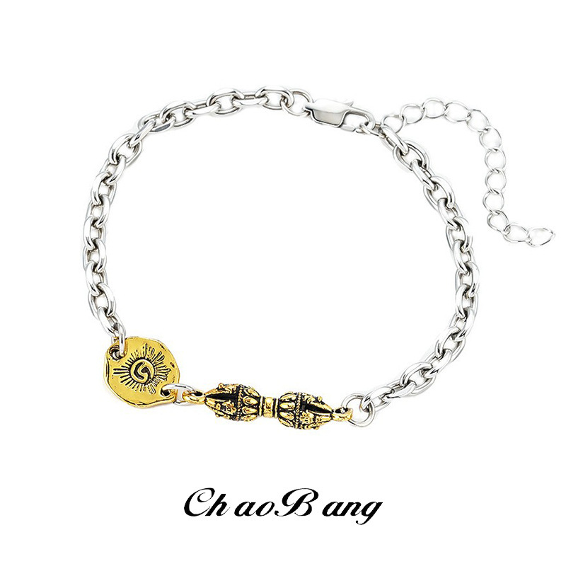 Cross-Border Retro Xizang Ethnic Style Gold-Colored Diamond Rod Bracelet for Men, Niche Design, Simple and Fashionable Jewelry