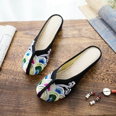 Slip-on Shoes with Wave Embroidery, Embroidered Fabric Shoes, Retro Women's Fabric Slippers, Sandals