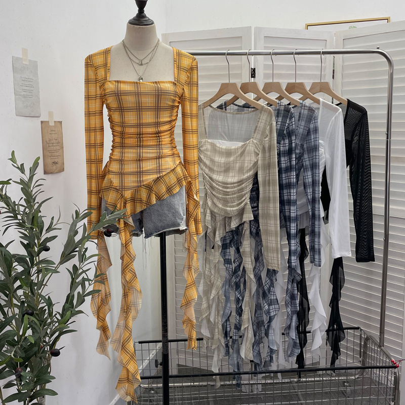 Real Shot of Square-Neck Low-Cut Sexy Plaid Mesh Long-Sleeved Top with Asymmetrical Ribbons and Slim-Fitting Sexy T-Shirt 8096 Real Shot of Square-Neck Low-Cut Sexy Plaid Mesh Long-Sleeved Top with Asymmetrical Ribbons and Slim-Fitting Sexy T-Shirt 8096