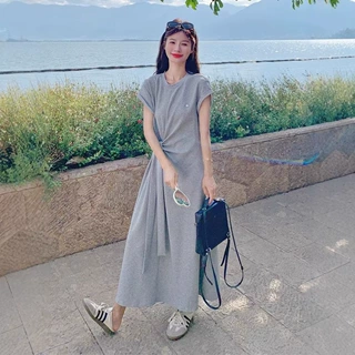 小众设计感连衣裙女中长款2026夏季大码胖MM法式显瘦垂坠感T恤裙
