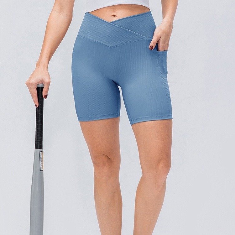 Cross waist pocket outdoor cycling fitness base breathable quick-drying running sports shorts yoga quarter pants ~