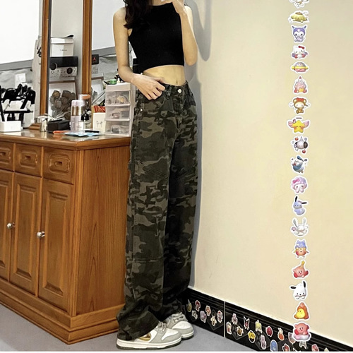 European and American working clothes hot girl short camouflage small xs high-rise jeans women high-waist hip-hop 150 straight straight nine points