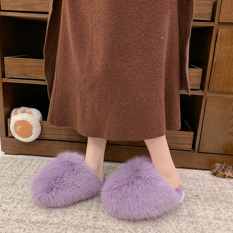 Soft-Soled Flat-Bottom Winter Indoor Warm Cotton Slippers, Large Size, Solid Color, Fluffy Big Fur Slippers