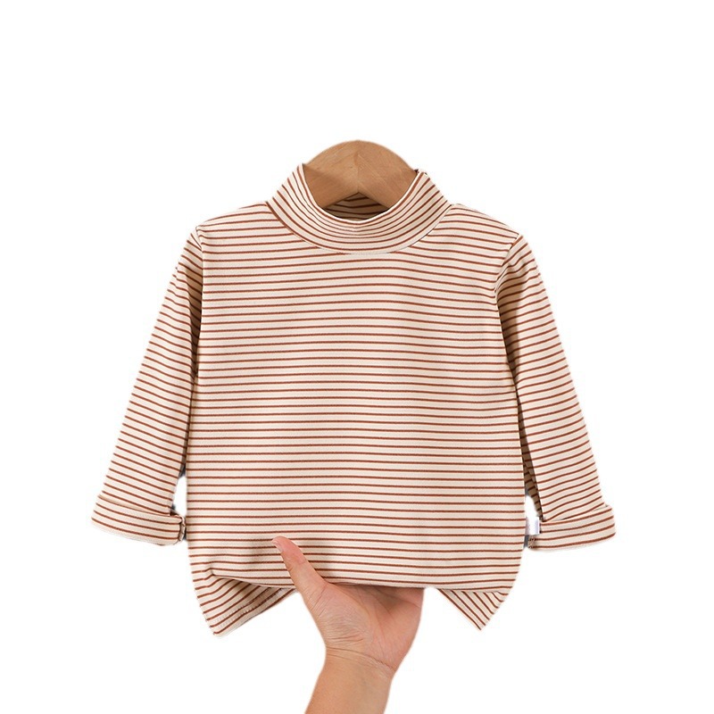 Camisas de base para niños, nuevas camisas de terciopelo de otoño y invierno con chaqueta de otoño para bebés de edad media, cuello redondo y medio cuello alto.