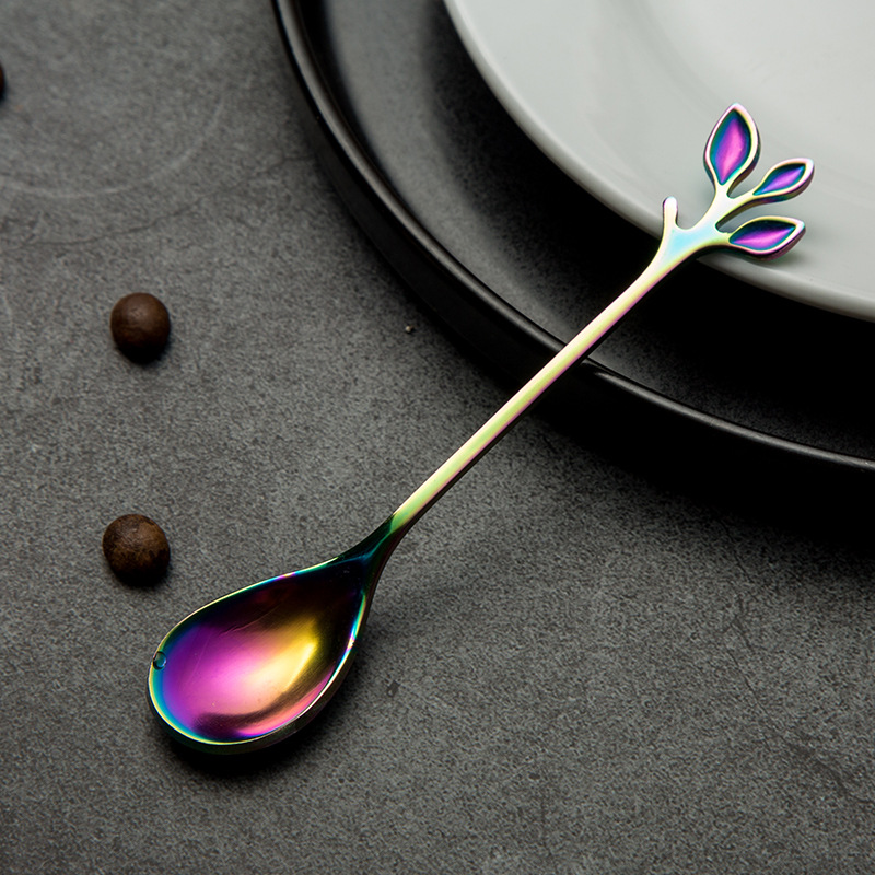 Cucchiaio piccolo dorato per mescolare caffè e dessert, regalo in acciaio inossidabile a forma di foglia, forchetta creativa per frutta_voghion.com