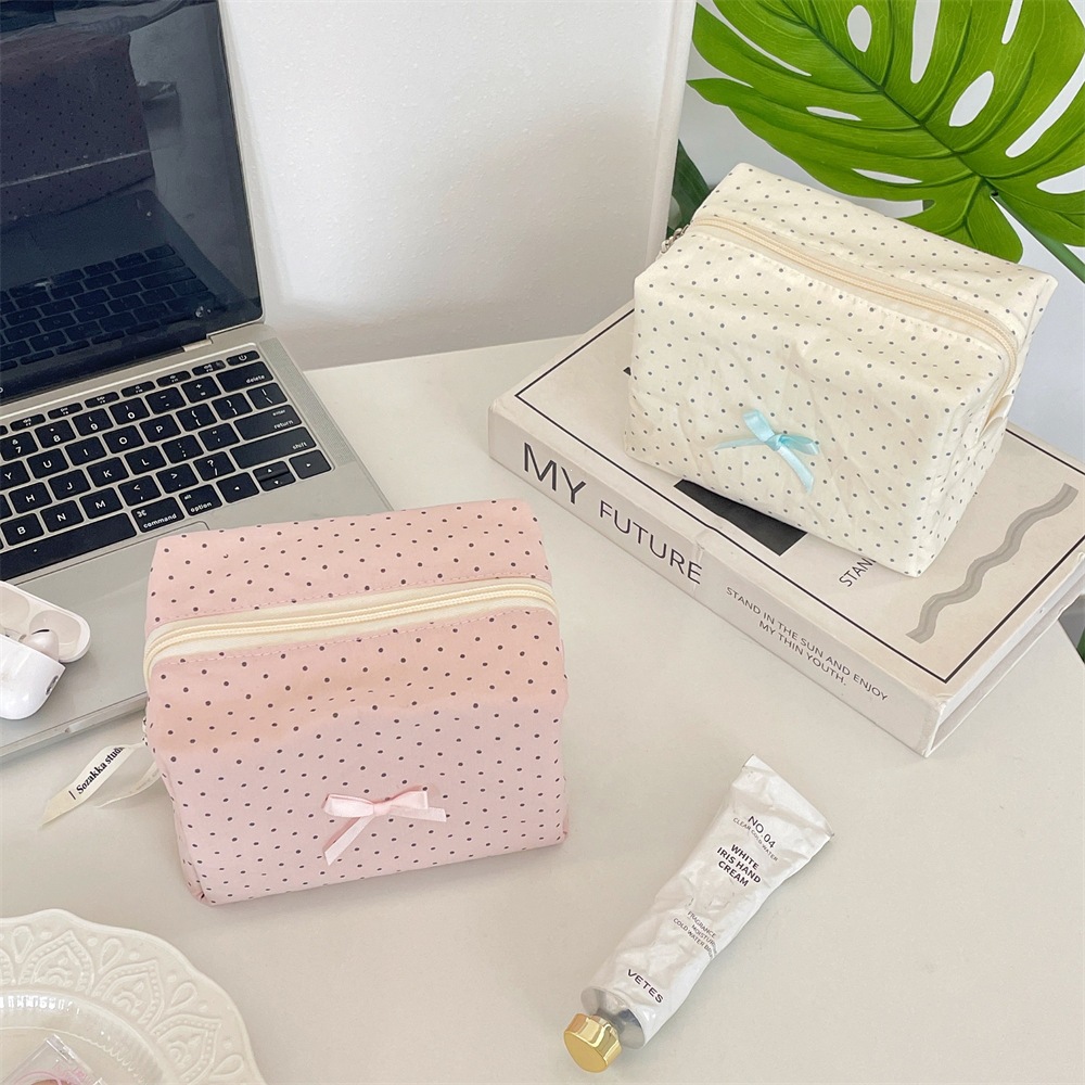 67251 Soft Girl Polka Dot Bow Makeup Toiletry Bag with Zipper for Travel, Skincare Products, and Miscellaneous Items