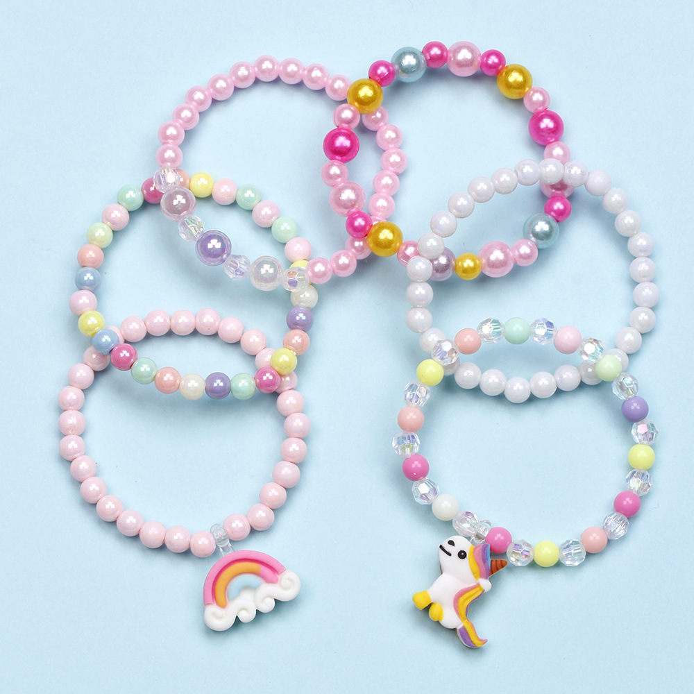 Cute Unicorn Cat Strawberry Plastic Beaded Bracelets 6 Pieces