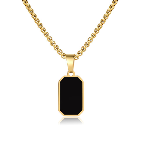 Cross-border hot-selling hip-hop stainless steel Epoxy black square pendant men's sweatshirt stacking necklace long sweater chain
