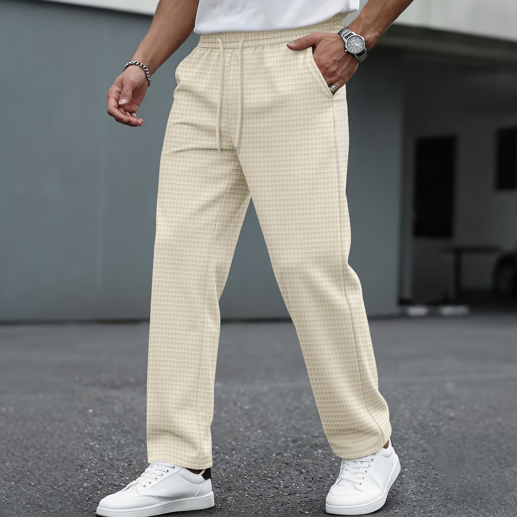 Men's Large Checkered Casual Sportswear Trousers Belted Waist Wide Leg Midweight Polyester Long Pants Black Gray Solid Color_viptrois.com